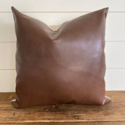 Vegan Leather Lumbar Pillow Cover - Brown Faux Leather, Hand Sewn
