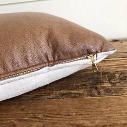 Vegan Leather Lumbar Pillow Cover - Brown Faux Leather, Hand Sewn - thumbnail 3