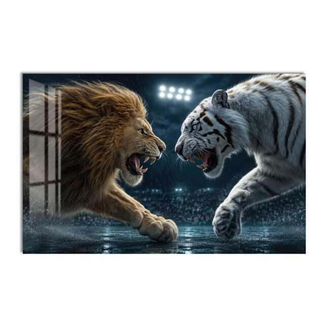 Lion & White Tiger Tempered Glass Wall Art, Animal Wildlife Decor, Large Horizontal Modern Art For Living Room - image 1