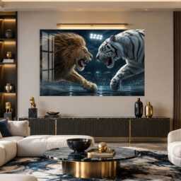 Lion & White Tiger Tempered Glass Wall Art, Animal Wildlife Decor, Large Horizontal Modern Art For Living Room - thumbnail 3