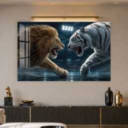 Lion & White Tiger Tempered Glass Wall Art, Animal Wildlife Decor, Large Horizontal Modern Art For Living Room - thumbnail 2