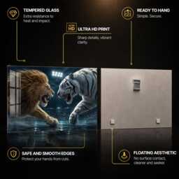 Lion & White Tiger Tempered Glass Wall Art, Animal Wildlife Decor, Large Horizontal Modern Art For Living Room - thumbnail 4