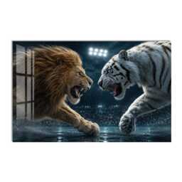 Lion & White Tiger Tempered Glass Wall Art, Animal Wildlife Decor, Large Horizontal Modern Art For Living Room - thumbnail 1