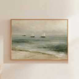 Sailboat Seascape Poster, Blue Coastal Wall Art, Nautical Painting - thumbnail 1