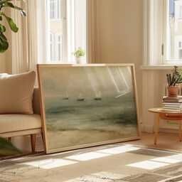 Sailboat Seascape Poster, Blue Coastal Wall Art, Nautical Painting - thumbnail 4