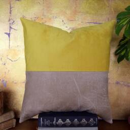 Beige Faux Leather & Yellow Suede Pillow Cover Modern Scandinavian Decor - 16x16 Inch - thumbnail 4