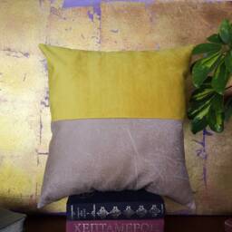 Beige Faux Leather & Yellow Suede Pillow Cover Modern Scandinavian Decor - 16x16 Inch - thumbnail 2