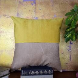 Beige Faux Leather & Yellow Suede Pillow Cover Modern Scandinavian Decor - 16x16 Inch - thumbnail 3