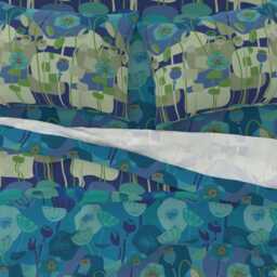 Floral Sheets - Mod Poppies in Blue By Wren_Leyland Mid Century Modern Retro Green Cotton Sateen Sheet Set Bedding Spoonflower - thumbnail 3
