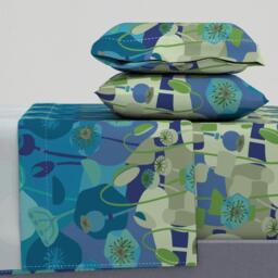 Floral Sheets - Mod Poppies in Blue By Wren_Leyland Mid Century Modern Retro Green Cotton Sateen Sheet Set Bedding Spoonflower