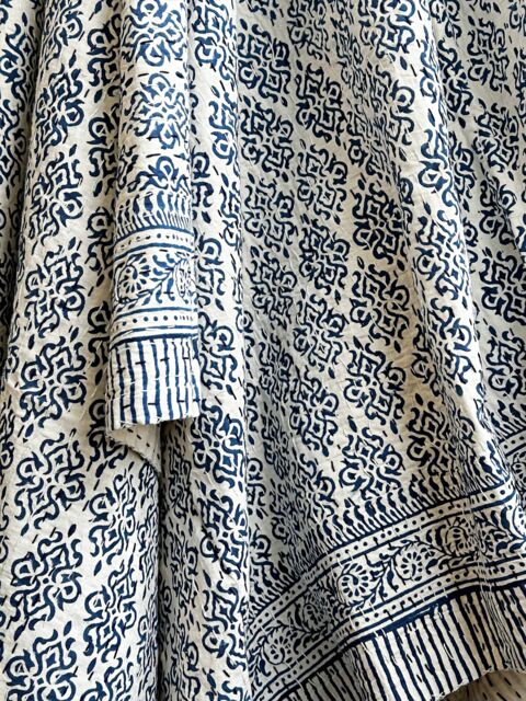 Kantha Stitch Pure Cotton Reversible Bed/Sofa Throw King Size - Handmade Handprinted Floral Dohar White Navy Blue Tribal Motif Mini Stripe - image 1