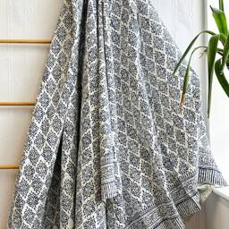 Kantha Stitch Pure Cotton Reversible Bed/Sofa Throw King Size - Handmade Handprinted Floral Dohar White Navy Blue Tribal Motif Mini Stripe - thumbnail 2