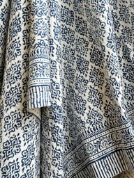 Kantha Stitch Pure Cotton Reversible Bed/Sofa Throw King Size - Handmade Handprinted Floral Dohar White Navy Blue Tribal Motif Mini Stripe - thumbnail 1