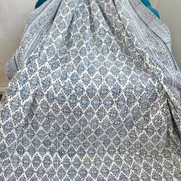 Kantha Stitch Pure Cotton Reversible Bed/Sofa Throw King Size - Handmade Handprinted Floral Dohar White Navy Blue Tribal Motif Mini Stripe - thumbnail 4