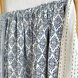 Kantha Stitch Pure Cotton Reversible Bed/Sofa Throw King Size - Handmade Handprinted Floral Dohar White Navy Blue Tribal Motif Mini Stripe - thumbnail 3