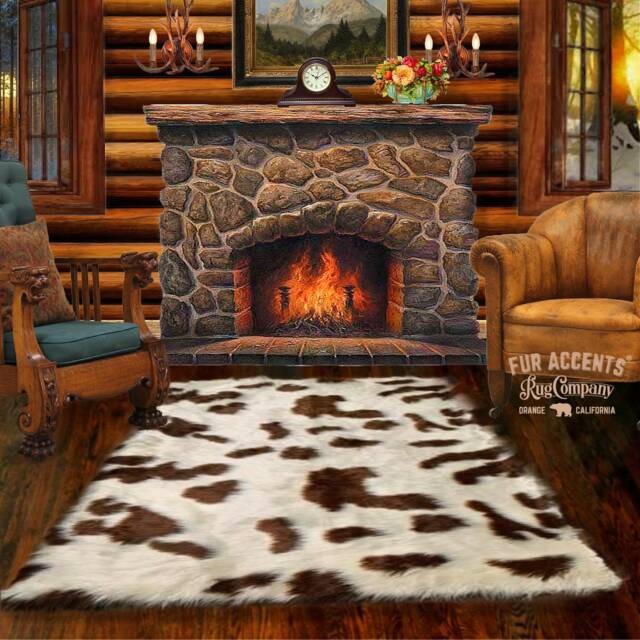 Plush Faux Sheepskin Rug - White & Brown Spotted Shag, Animal Friendly - image 1