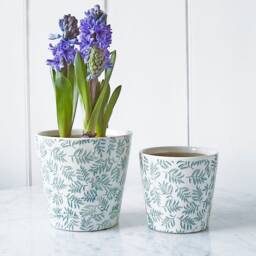 Teal Green Leaves Plant Pot - Garden Gift Glazed Floral - thumbnail 2