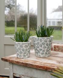 Teal Green Leaves Plant Pot - Garden Gift Glazed Floral