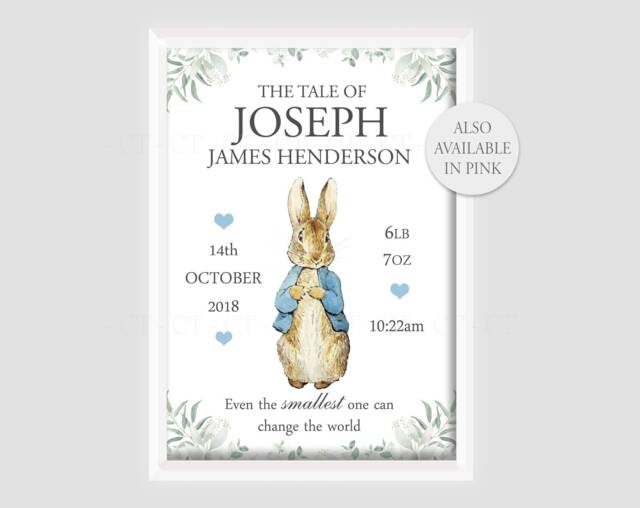 Personalised Peter Rabbit Baby Boy Girl Bunny Print Unframed Birth Gift New Keepsake Pink & Blue - image 1
