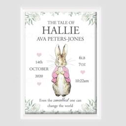 Personalised Peter Rabbit Baby Boy Girl Bunny Print Unframed Birth Gift New Keepsake Pink & Blue - thumbnail 2