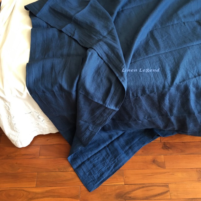 3 Pcs Set Stone Washed Pure Linen Bedding Set Summer Blanket Top Sheet With 2 Pillowcases Navy Blue Hand Made By Linen Legend - image 1