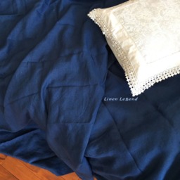 3 Pcs Set Stone Washed Pure Linen Bedding Set Summer Blanket Top Sheet With 2 Pillowcases Navy Blue Hand Made By Linen Legend - thumbnail 2