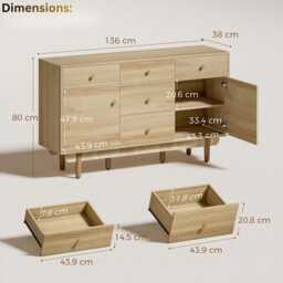 Walnut Sideboard Cabinet Modern 5-Drawer Buffet With Adjustable Shelves - thumbnail 4