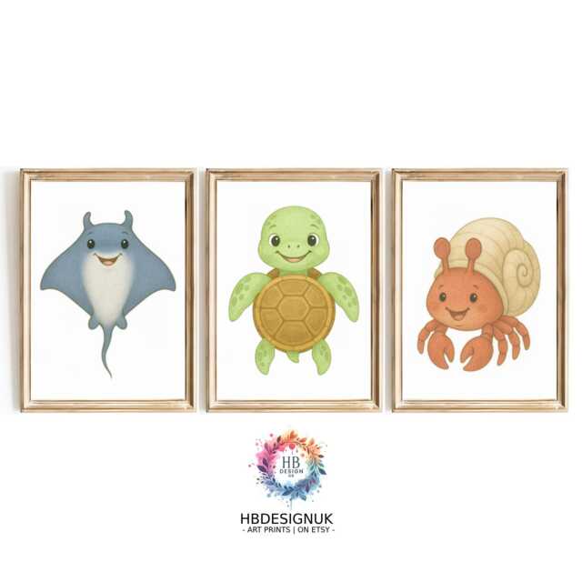 Ocean Animal Nursery Wall Art - 30 Design Choices, Ray, Turtle, Hermit Crab, Baby Bedroom Decor, Boys Girls, Sealife Print, Kids Sea Prints - image 1