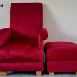 Velvet Fabric Adult Chair & Footstool Armchair Silver Grey Navy Blue Nursery Bedroom Occasional Red Aqua Turquoise Pouffe Crushed Or Plain - thumbnail 2