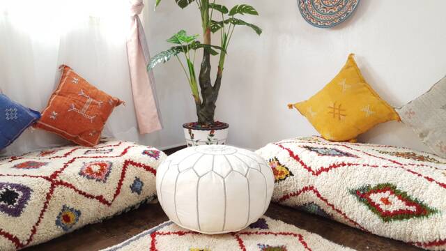Stuffed Moroccan Leather Pouf, Pouf Ottoman, Handmade Floor Poof, Footstool, Ottoman Table, & Stools - image 1