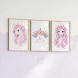 Unicorn Girls Bedroom Prints - Personalised Purple Set Of 3, Crown Nursery Wall Art - thumbnail 2