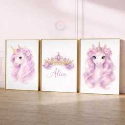 Unicorn Girls Bedroom Prints - Personalised Purple Set Of 3, Crown Nursery Wall Art