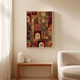 Persian Textile Poster - Red Floral Patchwork Art Oriental Rug Style Illustration - thumbnail 3