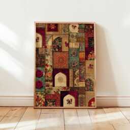 Persian Textile Poster - Red Floral Patchwork Art Oriental Rug Style Illustration - thumbnail 1