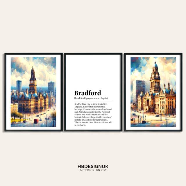 Bradford Poster Prints - Set Of 3 Posters - Watercolour Wall Art Decor Travel England Hanging Artwork Gift UK Painting - image 1