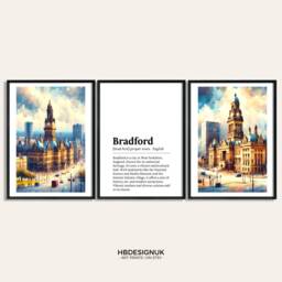 Bradford Poster Prints - Set Of 3 Posters - Watercolour Wall Art Decor Travel England Hanging Artwork Gift UK Painting - thumbnail 1