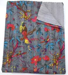 Hand Stitched Cotton Kantha Quilt Floral Bedding Throw - thumbnail 1
