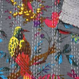 Hand Stitched Cotton Kantha Quilt Floral Bedding Throw - thumbnail 4