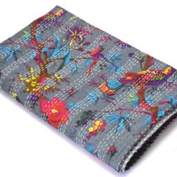 Hand Stitched Cotton Kantha Quilt Floral Bedding Throw - thumbnail 3