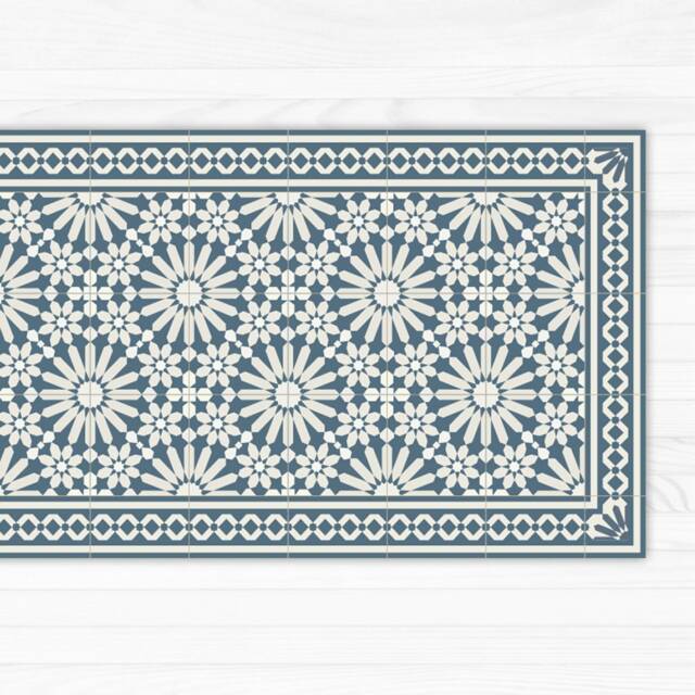 Vinyl Floor Mat With Moroccan Tiles Design in Blue & Beige. Linoleum Style Rug Zellige Tiles. Vinyl Kitchen Rug, Bath Mat, Pet Mat - image 1