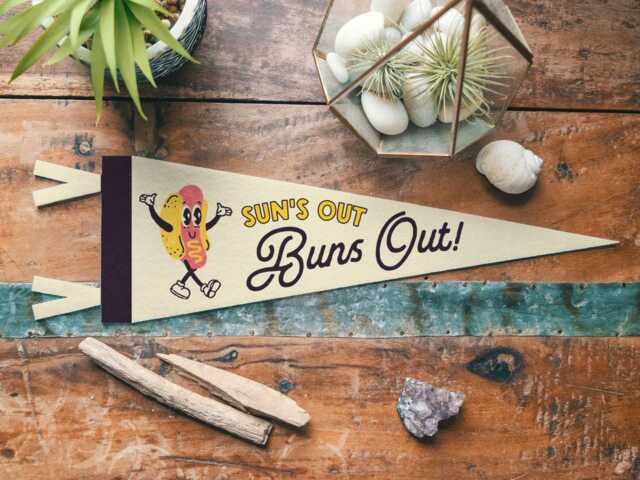 Sun's Out Buns Felt Pennant - Vintage Banner, Summer Funny Home Decor, Retro Wall Art, Beach Hot Dog Gift - image 1