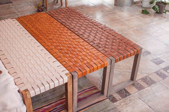 Woven Leather Bench Patio Outdoor Furniture & Garden Decor - Wood Strap Entryway For Home Improvement Low Moroccan - image 1