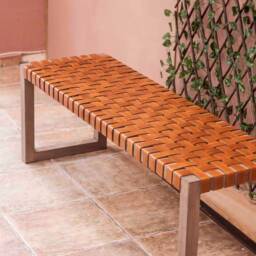 Woven Leather Bench Patio Outdoor Furniture & Garden Decor - Wood Strap Entryway For Home Improvement Low Moroccan - thumbnail 2