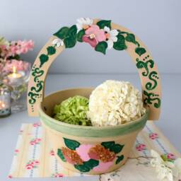 Handmade Terracotta Indoor Planter Floral Wooden Handle, Crushed Stone Detail - thumbnail 2
