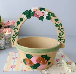 Handmade Terracotta Indoor Planter Floral Wooden Handle, Crushed Stone Detail