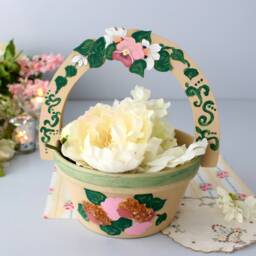 Handmade Terracotta Indoor Planter Floral Wooden Handle, Crushed Stone Detail - thumbnail 4