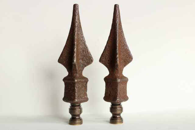 Iron Spike Lamp Finials On Distressed Bronze Hardware - A Matching Pair - image 1