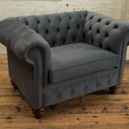 Grey Velvet Chesterfield Snuggle Armchair, British Handmade - thumbnail 3