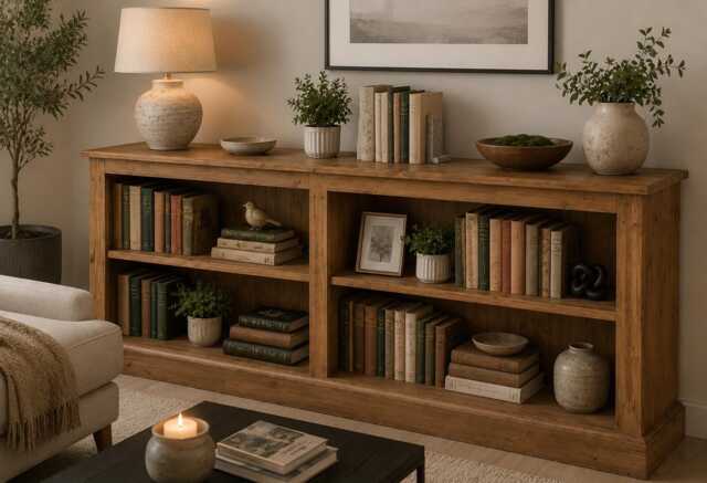 Solid Pine Low Bookcase, 2Ft 6In X 6Ft Adjustable Shelving Unit, Hallway Storage Bookshelves - image 1
