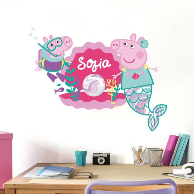 Personalised Peppa Pig Pearl Wall Sticker, Mermaid Decal - image 1